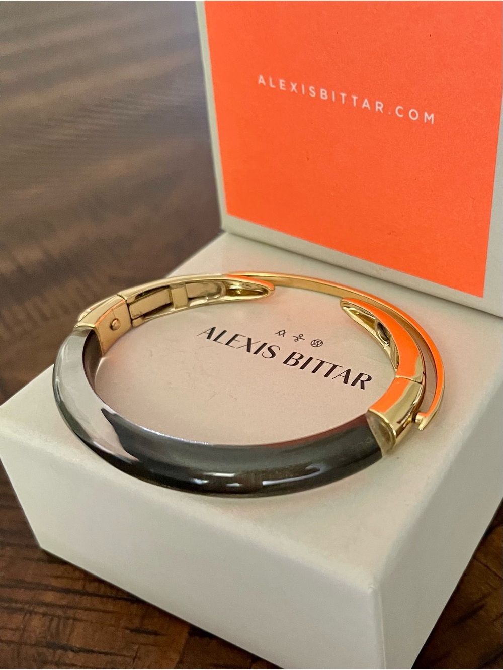 Alexis Bittar Orbital Lucite Dark Grey Black & Golden Bangle Bracelet - Picture 17 of 17